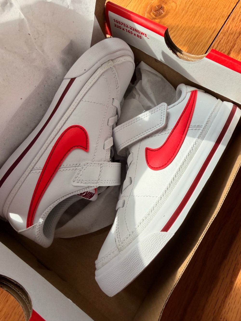 Nike Kids White Sneakers with Red Swoosh Velcro